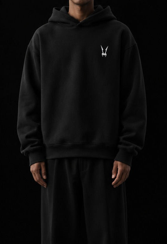 Hoodie GLAZUNIVERS DROP 01 vu de dos, capuche relevee, coupe oversize